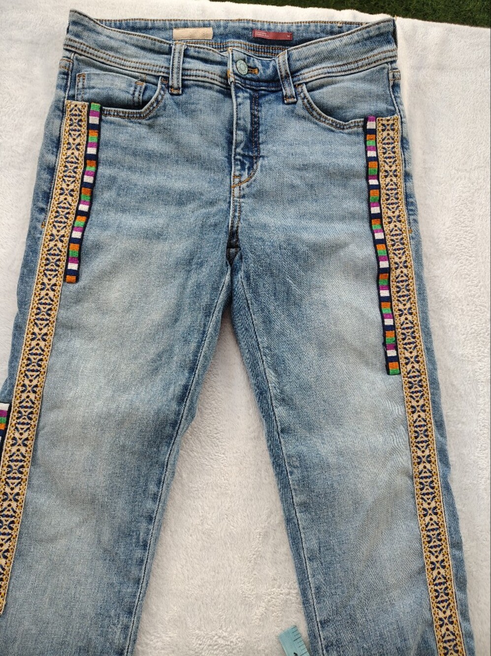 Embellished Light Wash Skinny Jeans with Multicolor Side Trim